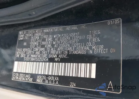 2005 Toyota Sequoia Limited V8 z USA, uszkodzony, nr VIN 5TDZT38A15S252454